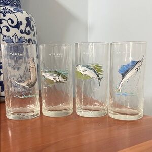 Ned Smith Vintage Fish Tumbler Gold Rimmed Bar Glasses - Set of 4